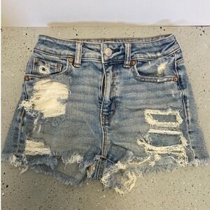 American Eagle Mom Shorts Womens 00 Light Wash Distressed High Rise Denim Blue